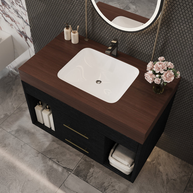 Ensemble de meuble-lavabo mural flottant 29,9 po, Noyer