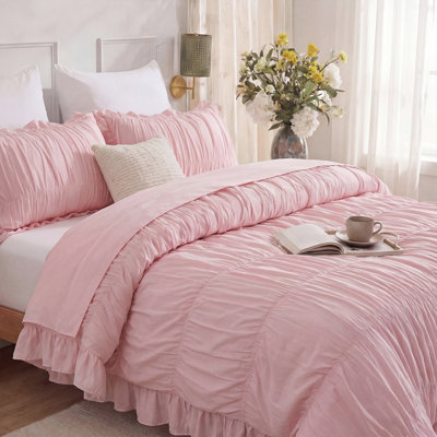 Pink Ruffle Duvet Cover Set King Size,Ruched Boho Bedding 3 Pieces Luxury Wrinkle Ruffle Comforter Cover Set,Breathable and Soft Microfiber Quilt Cover Set for All Seasons