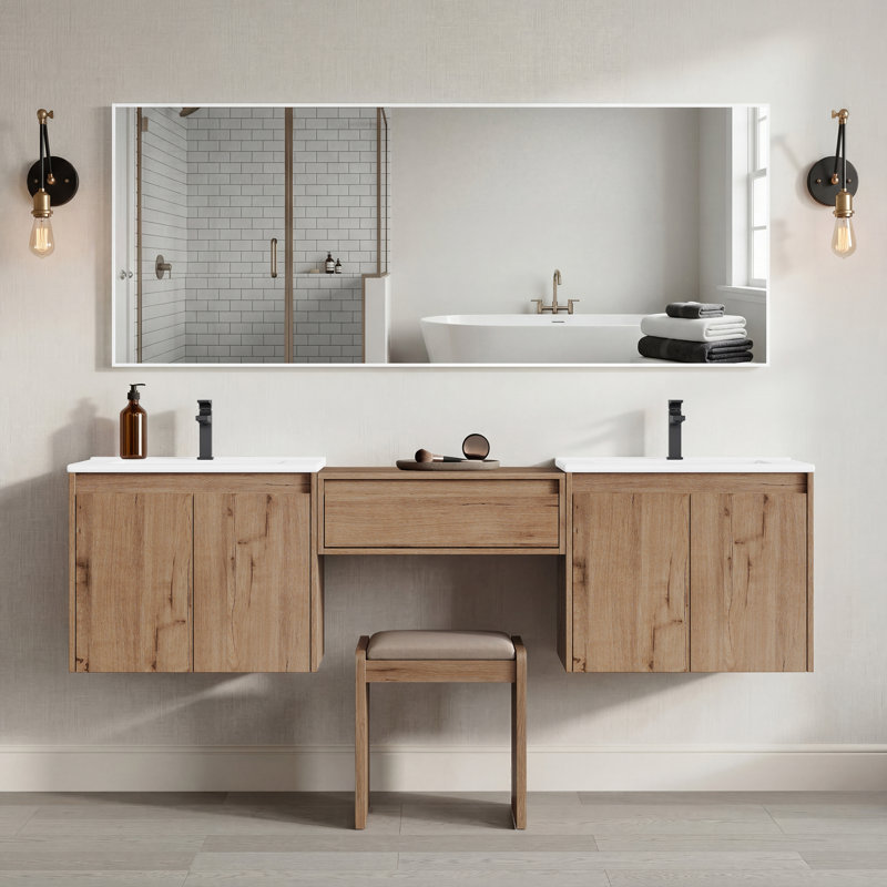 Meuble-lavabo double 72 po avec lavabo à maquillage, lavabo en céramique et conception sans poignée 72 po, 72"