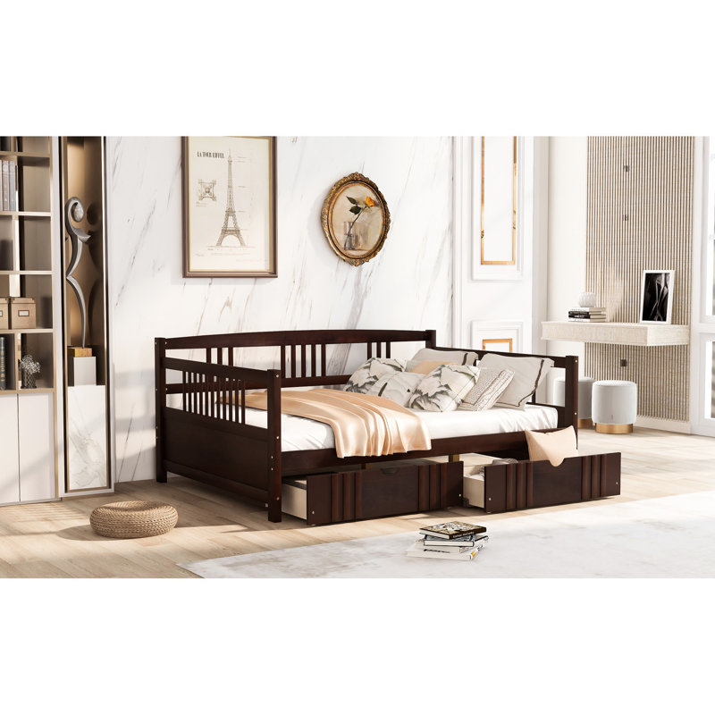 Daybed With Two Drawers, Strong And Long-lasting Home Bed Full Size Solid Wood Daybed, Color, Extra Drawers, Espresso