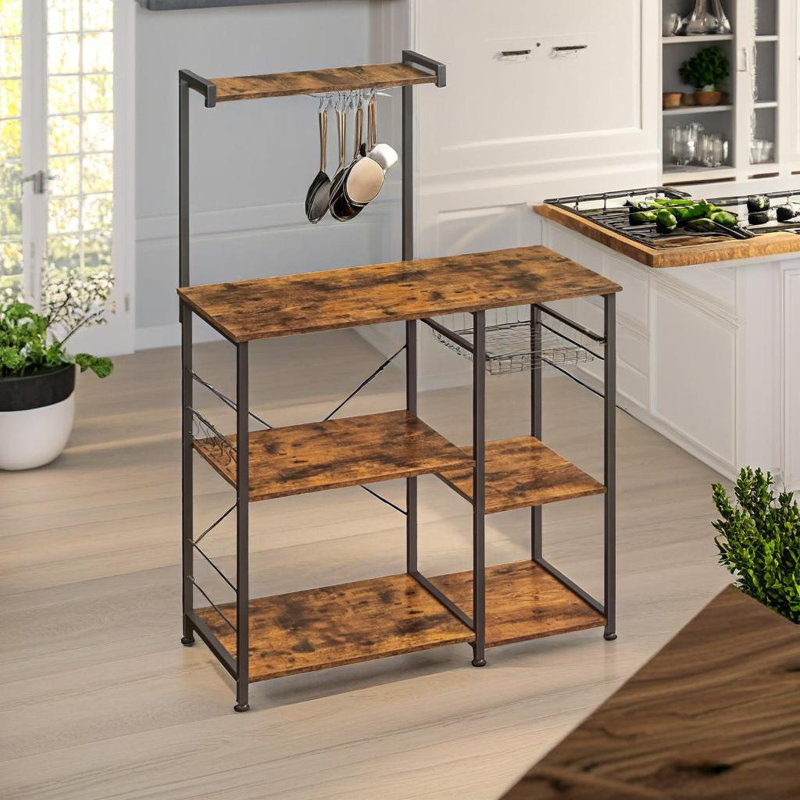 Angelicque Industrial 4 Tier Kitchen Baker's Rack With Shelves and Hooks
