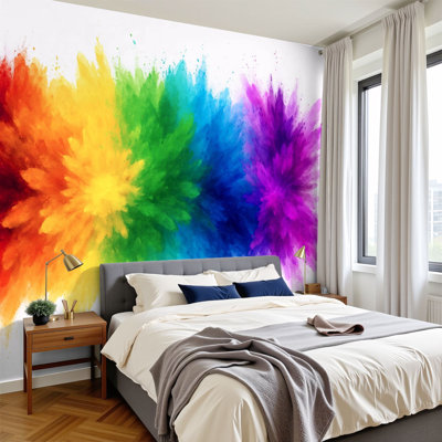 Peel and Stick Wallpaper 144" x 100" Modern Self Adhesive Wall Mural for Bedroom colorful rainbow holi paint color powder explosion white wide panorama
