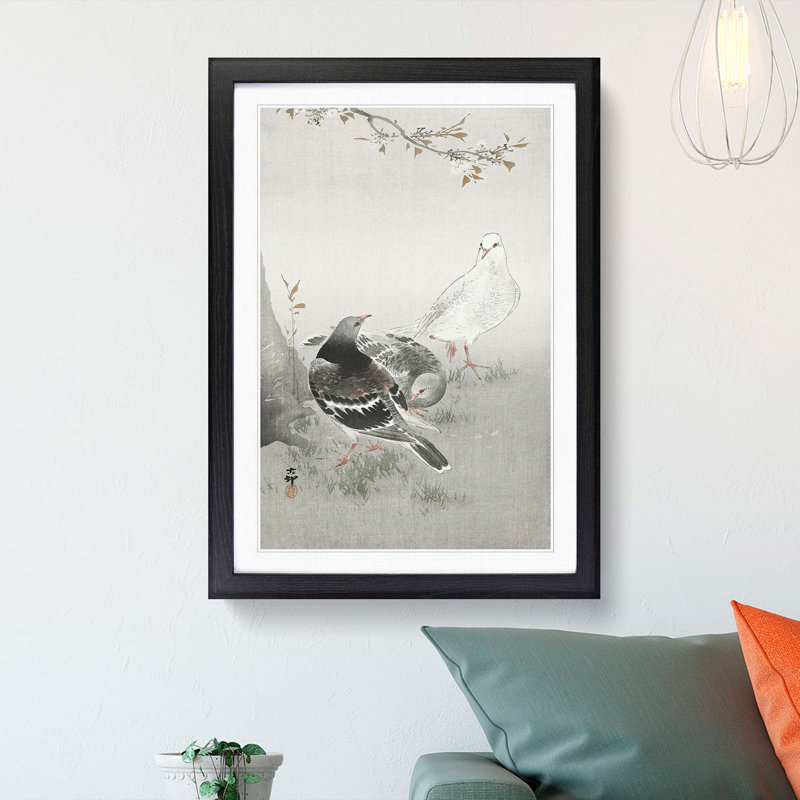 Three Pigeons by Ohara Koson - Framed Print, 65cm H x 48cm W x 2cm D, Black Framed