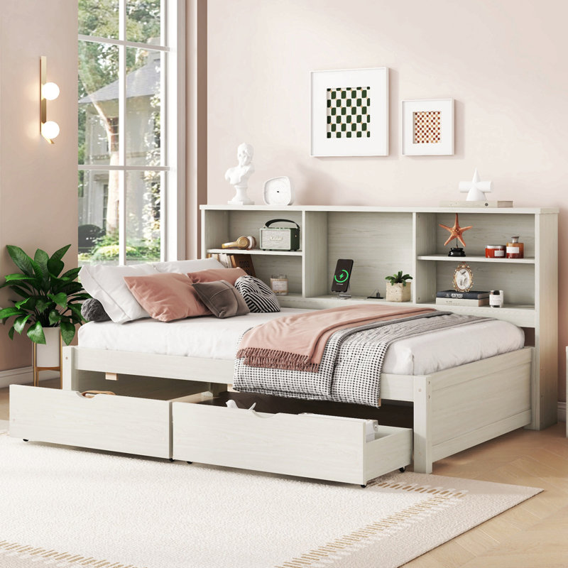 Structure de lit simple avec tablettes latérales, deux tiroirs et port USB intégré, Blanc crémeux
