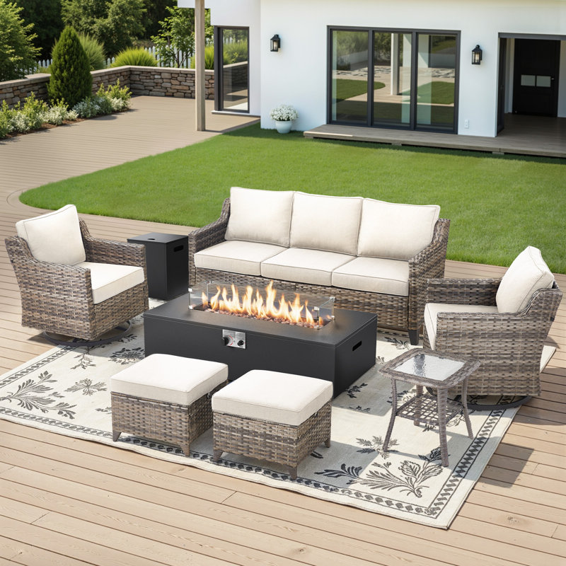 7 - Person Outdoor Wicker Patio Conversation Furniture Sofa Set With Fire Pit Table & Swivel Chairs, Beige