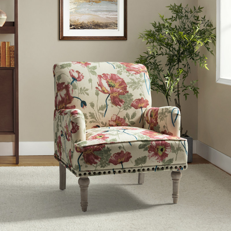 Antoan 28.7"W Floral-Print Upholstered Armchair, Red/Beige Polyester Blend
