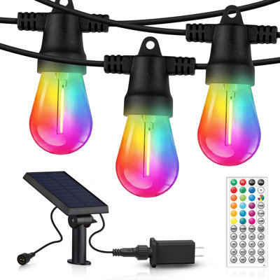 Guirlande hybride à énergie solaire et à DEL de 48 pi à DEL hybride et imperméable avec 15 ampoules incassables S14, changement de couleur, télécommande