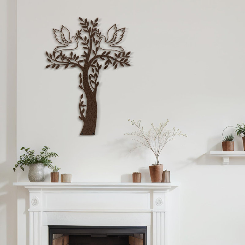 Peaceful Coexistance - Colombe et arbre, décoration murale abstraite moderne, décoration murale suspendue, Brun