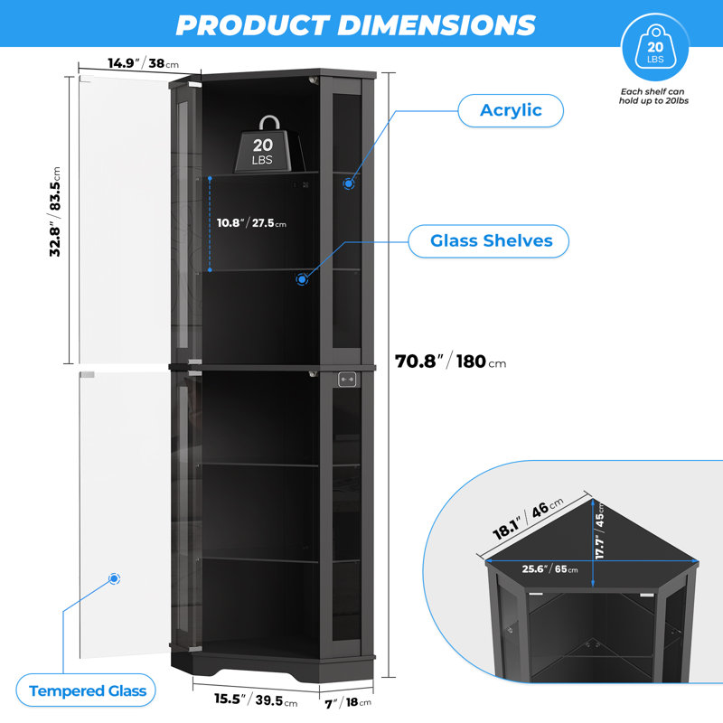 71" Corner Display Cabinet With Glass Doors, 6 Tier Curio Cabinet With 3 Led Lights & Glass Shelves, Human Body Sensor, Showcase Display Case For Collectibles, Black