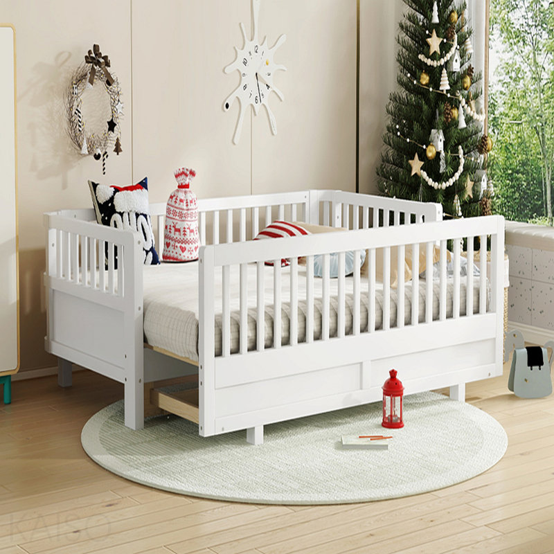 Lit plateforme simple TG avec garde-corps, base de lit simple TG en bois massif, peut être converti en grand lit plateforme, blanc