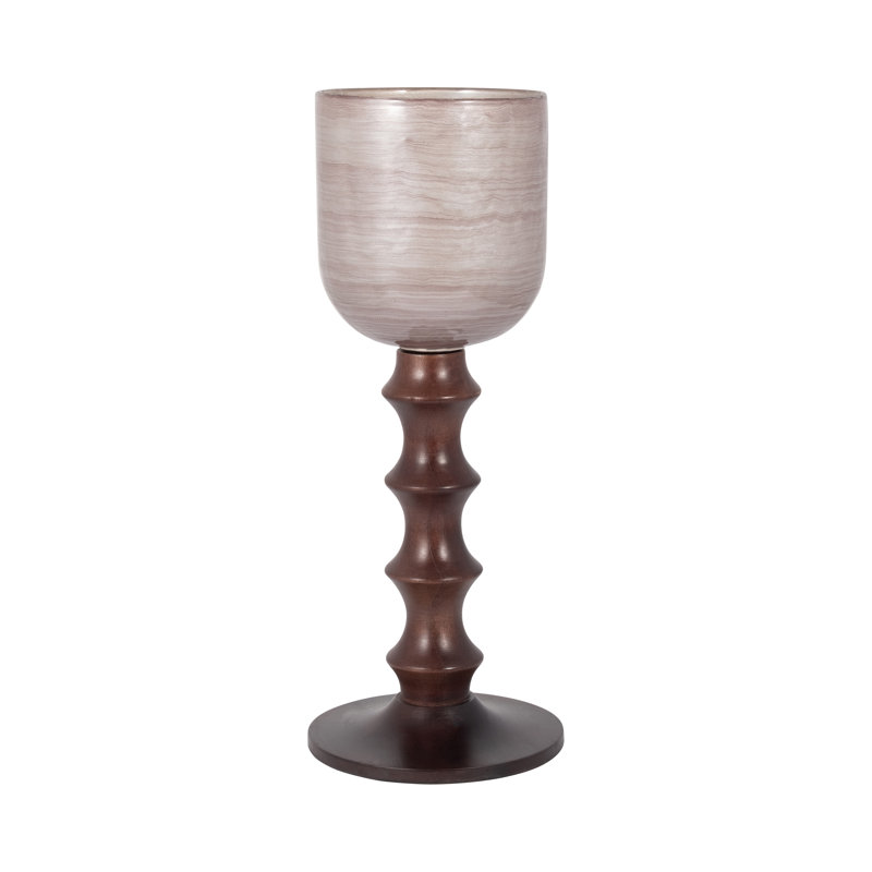 Pillar Holder with Glass Top and Turned Mango Wood and Metal Base in Modern Sculptural Design, 20" H x 8" W x 8" D