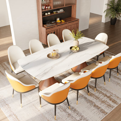 6/8/10 Seats Rectangular Dining Room Set, Stone Rectangular Dining Table, Double Solid Wood Pedestal With Upholstered PU Leather Chairs
