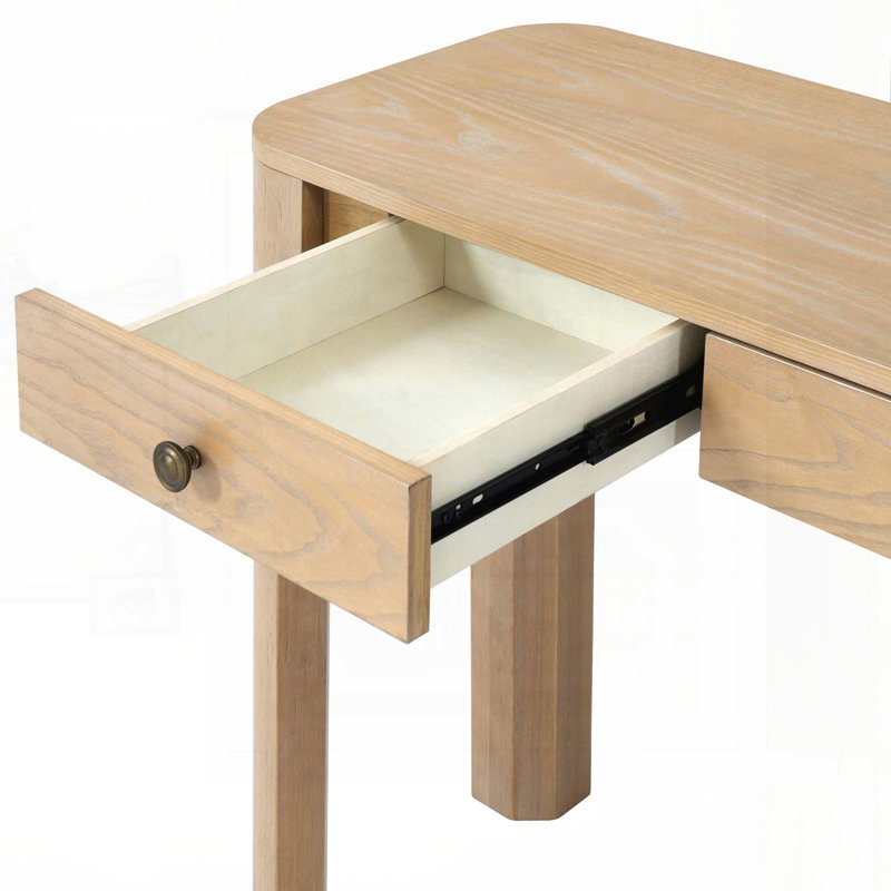 Console rustique avec coins arrondis et 3 tiroirs (chêne clair), Bois de chêne