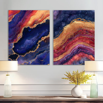 Ensemble de 2 décorations murales Blue Gold Drifting Glow of Agate I - Paysages traditionnels