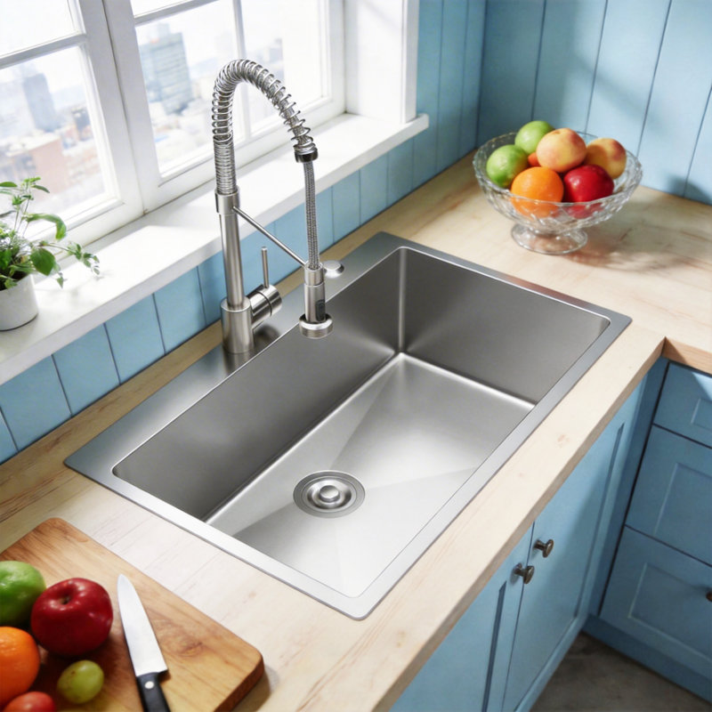 Évier de cuisine à simple cuve en acier inoxydable 33 po L, Nickel brossé