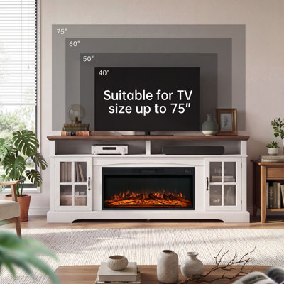 Meuble télé avec foyer de 80 pouces, centre de divertissement de style campagnard pour téléviseurs jusqu'à 87 pouces, console télé avec rangement, meuble multimédia pour salon