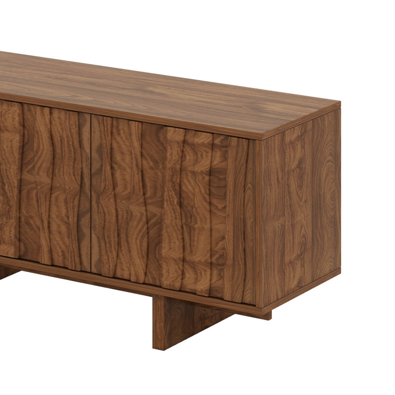 Retro Wood Grain TV Stand, Wavy Door Media Console With Dual Storage Cabinets, Walnut