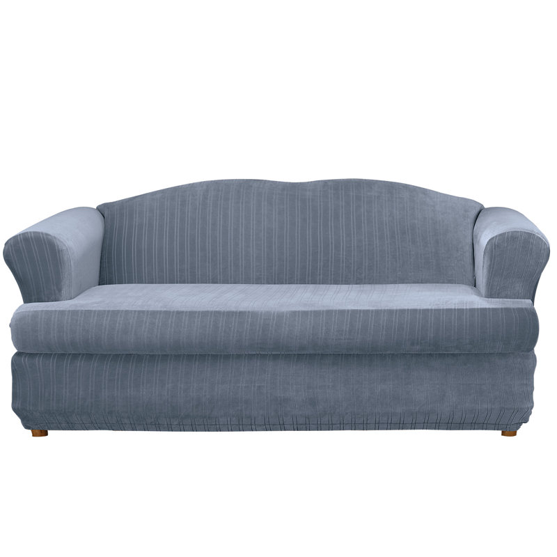 French Blue Stretch Pinstripe T Cushion Sofa Slipcover