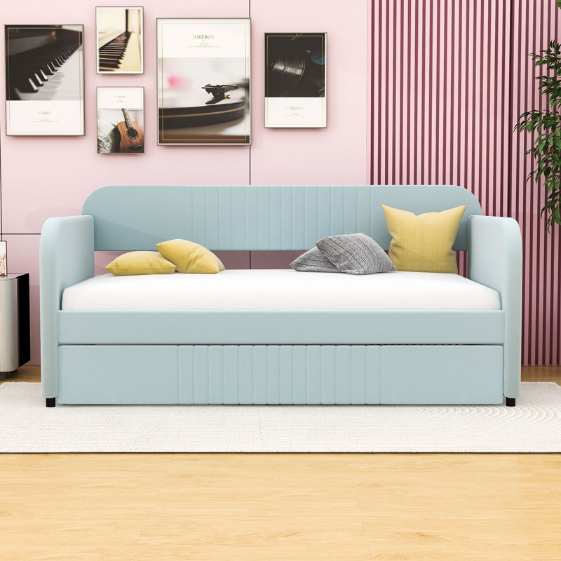 Gabbey Upholstered Daybed with Trundle and Slats, Light Blue