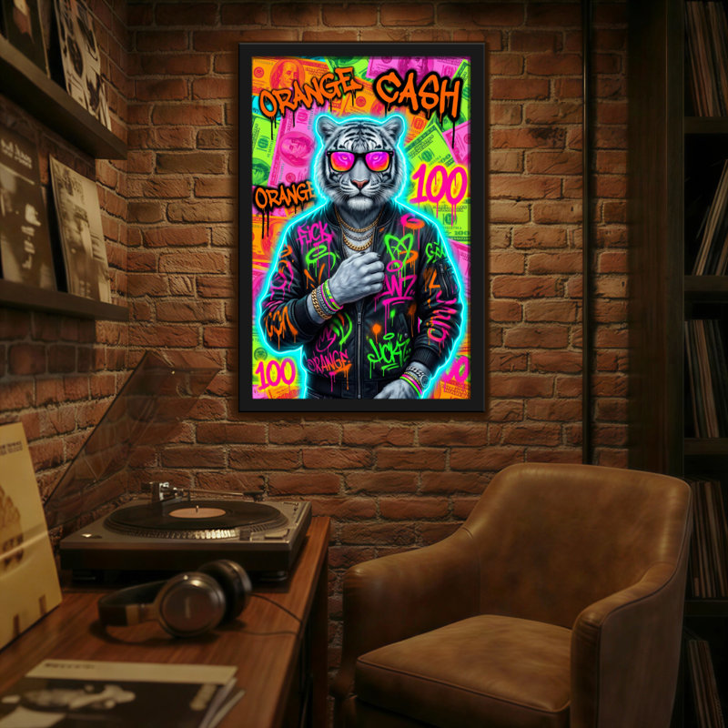 Animaux, argent, argent, tigre, graffiti, argent, style néon, H 36 po x l 24 po