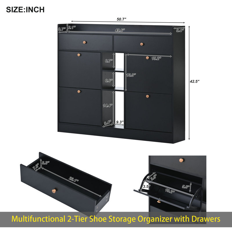 Modern Shoe Cabinet With 4 Flip Drawers, Multifunctional 2-Tier Shoe Storage Organizer With Drawers, Free Standing Shoe Rack For Entrance Hallway