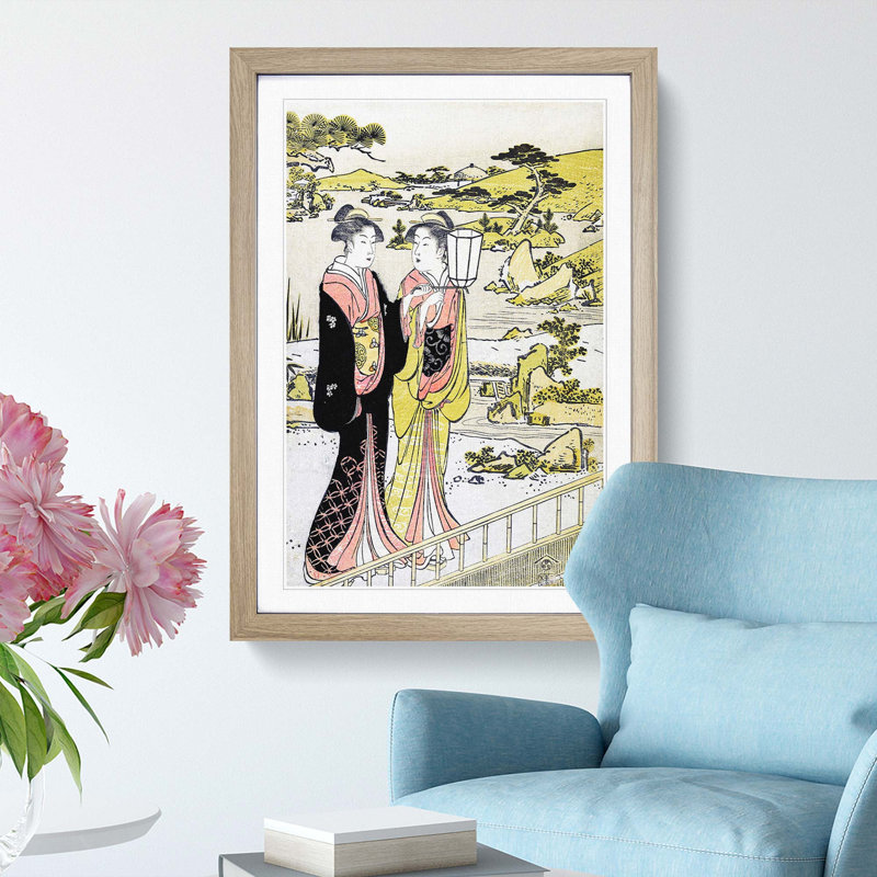 Two Women in a Garden by Torii Kiyonaga - Picture Frame Painting Print, 65cm H x 48cm W x 2cm D, Oak Framed