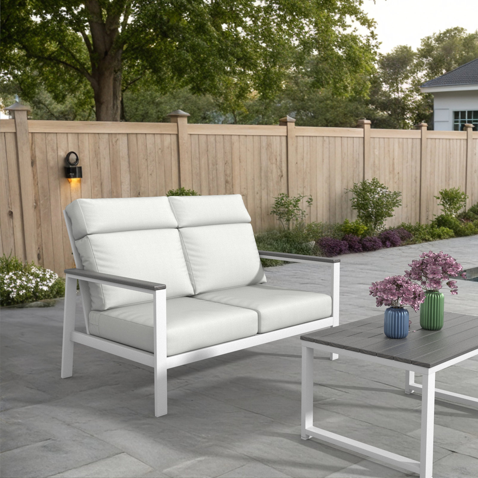 Townsend Metal Outdoor Loveseat With Sunbrella Cushion, Gray, Canvas White
