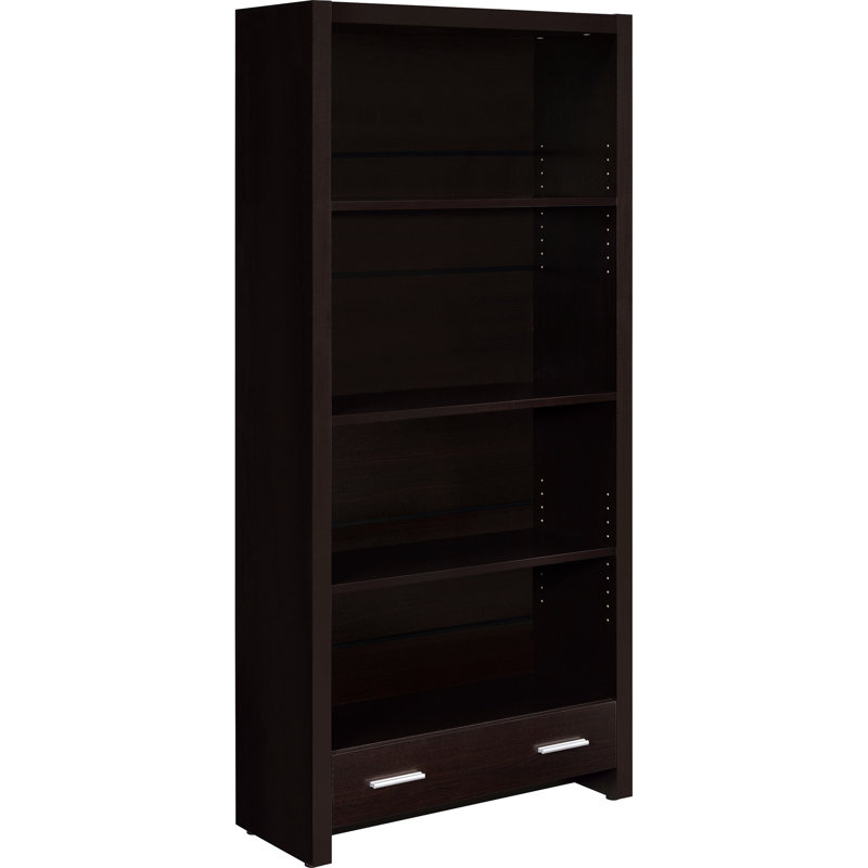 Bibliothèque à 5 tablettes avec tiroir dans un abat-jour cappuccino subtil, maximise la surface pour la présentation décorative, teinte riche des éléments de rangement dissimulés, apporte une sensation douillette à la pièce, amplement d'objets de bibliothèque