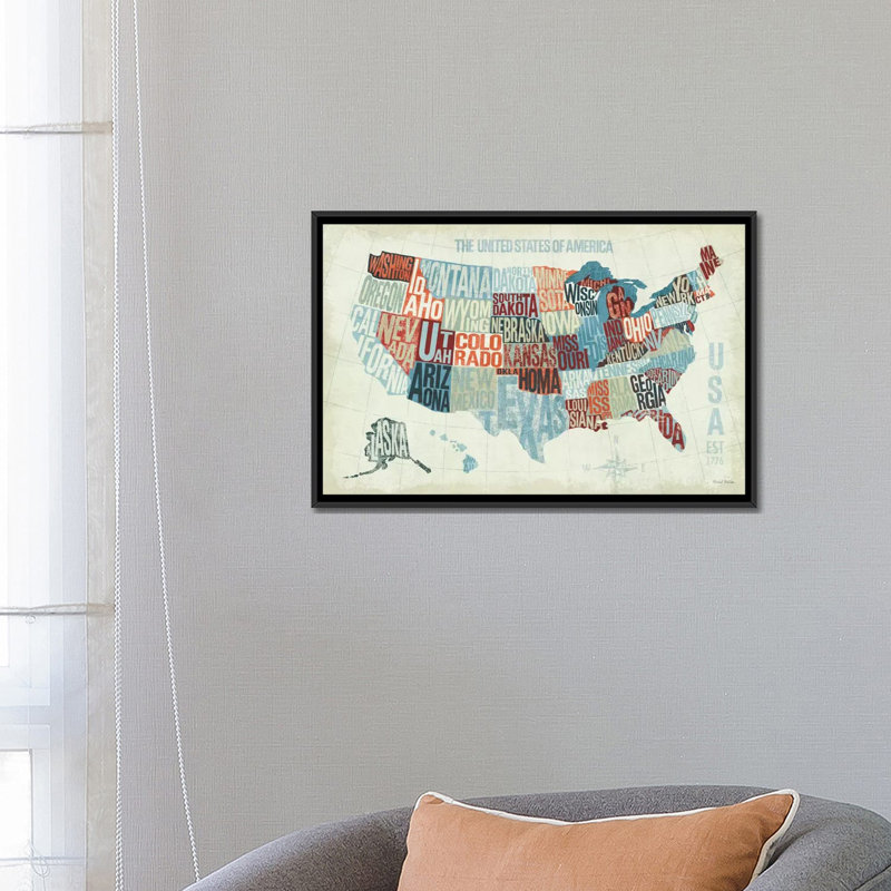 « usa modern », art textuel sur toile, H 18 po x l 26 po x P 1,5 po, Toile encadrée noire, Pas de tapis