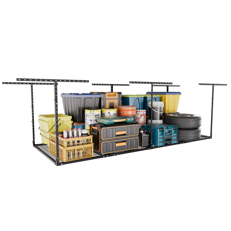 8ft x 3ft Overhead Garage Storage Rack - Adjustable Ceiling Mounted Garage Ceiling Storage, 600LBS Weight Capacity, 22"-42" Dropdown, Grid Design Prevents Small Items from Falling, Hammertone Black