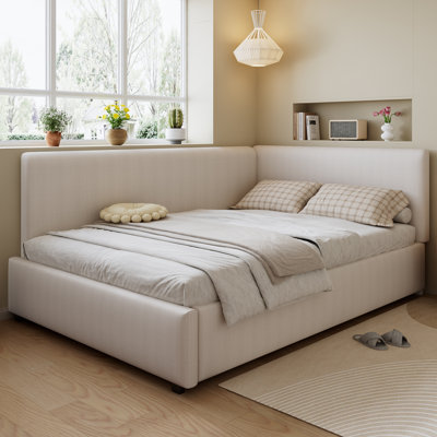 Beige Corduroy Upholstered Daybed with Secure Side Rails