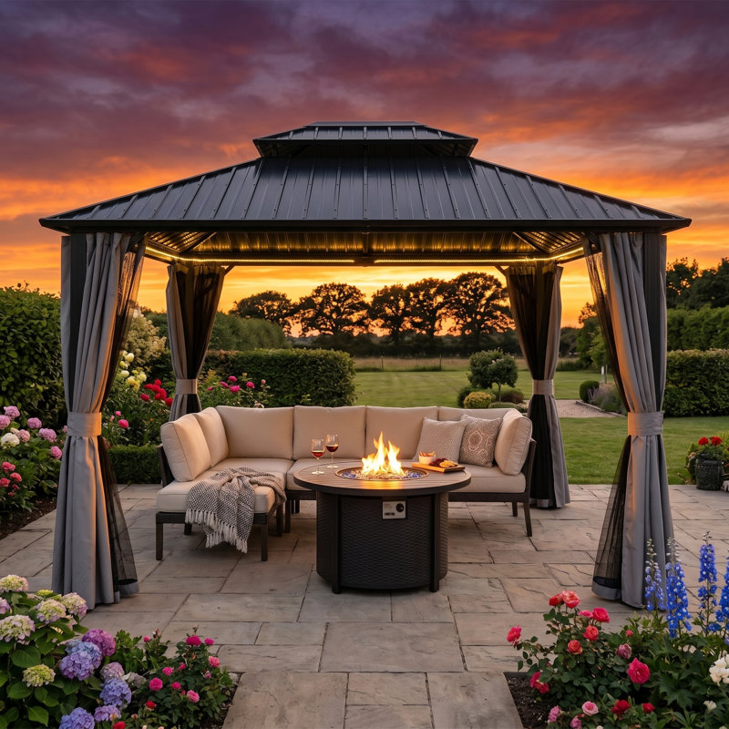 Pavillons de jardin 10 pi x 10 pi IRON avec moustiquaire et rideaux d'intimité, Oui