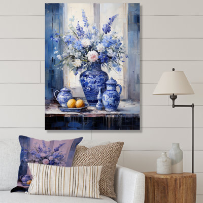 Blue And White Boho Plant Pottery IV - Boho Pottery Wall Art Decor