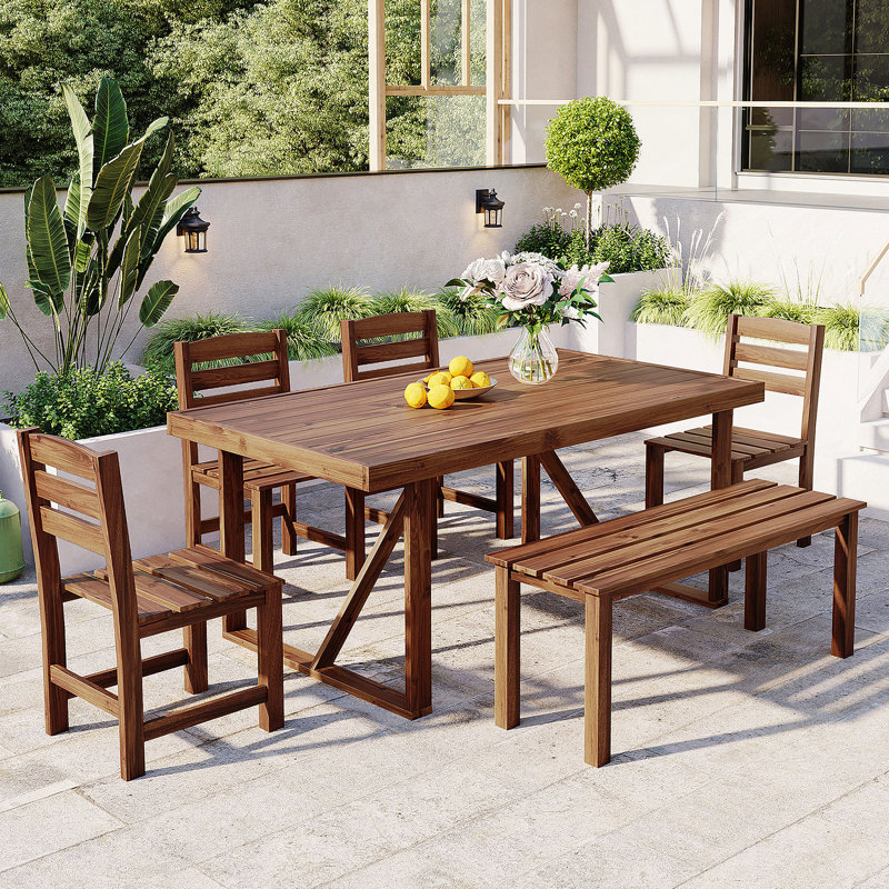 High-Quality Acacia Wood Outdoor Dining Set (1 Table, 1 Bench, 4 Chairs) - Ideal For Patio, Balcony, Backyard, Brown