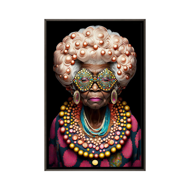 Afrofuturist Grandma I, Toile avec cadre flottant foncé en bois rustique, H 48 po x l 32 po x P 1,5 po