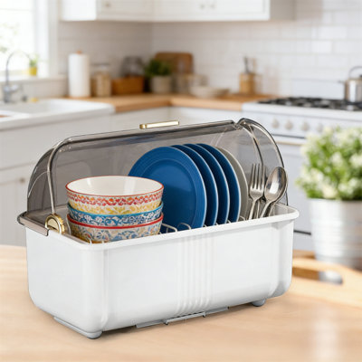 Plastic Dish Drying Rack with Lid, Multi-Functional Plate Cup Utensil Organizer with Drainboard, Space-Saving Storage Box
