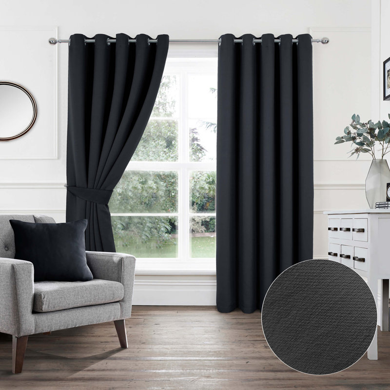 Chacra Eyelet Room Darkening Curtains, Black, Width 114 x Drop 137cm