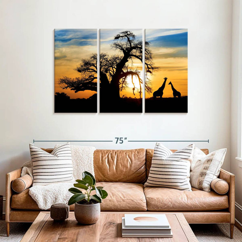 Coucher de soleil africain girafes, H 36 po x l 57 po