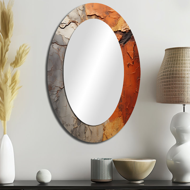 Orange Grey Abstract Redwood Tree Collage - Large Oval Wall Mirror On Metal, 36" x 24"