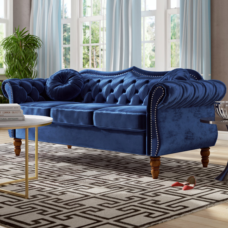 Evianna 79.5'' Velvet Sofa, Blue, 30.12'' H X 65.5'' W X 34'' D