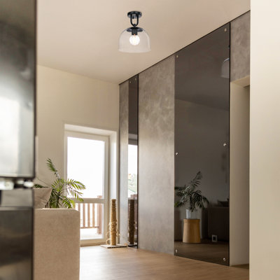 Babu 11.75 in. Matte Black Modern Semi-Flush Mount with Clear Ice Glass Shade for Hallways