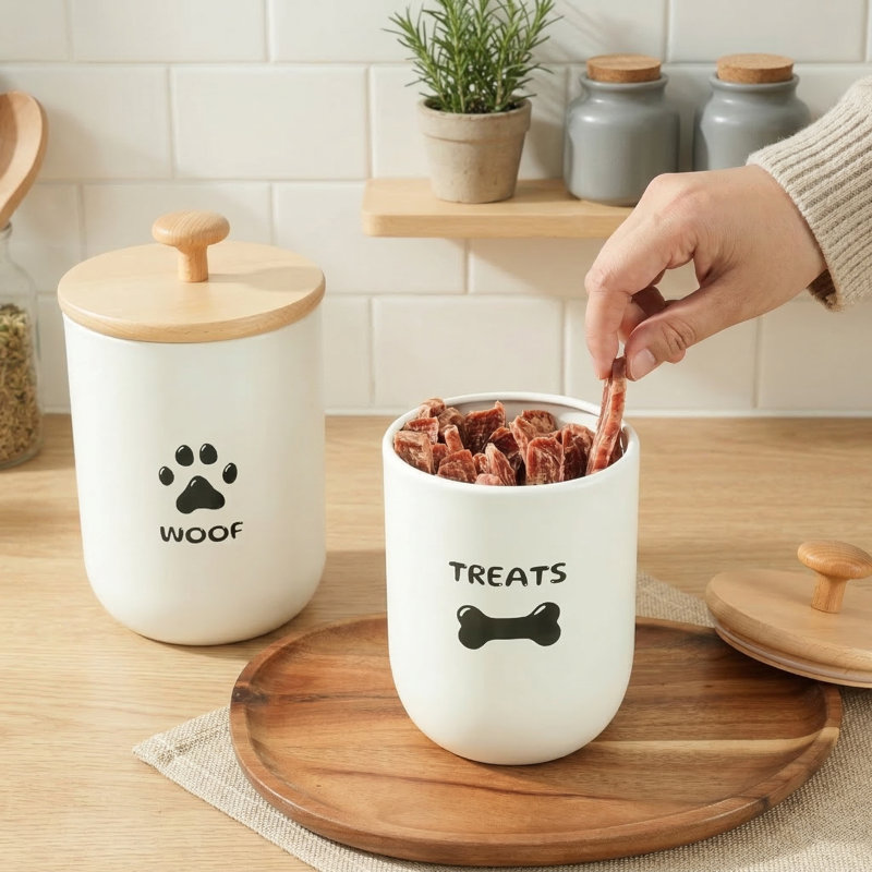Ensemble de 2 pots à friandises pour chien blancs, couvercles hermétiques, petits contenants pour aliments, 8,3 x 4,9 po et 7,1 x 4,3 po, pour comptoir de cuisine