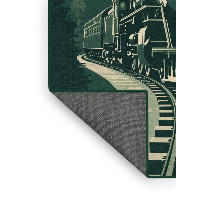 Soft Plush Efimov Mountain Railway Train Rustic Area Rug in Green – Green Binding, 7x9