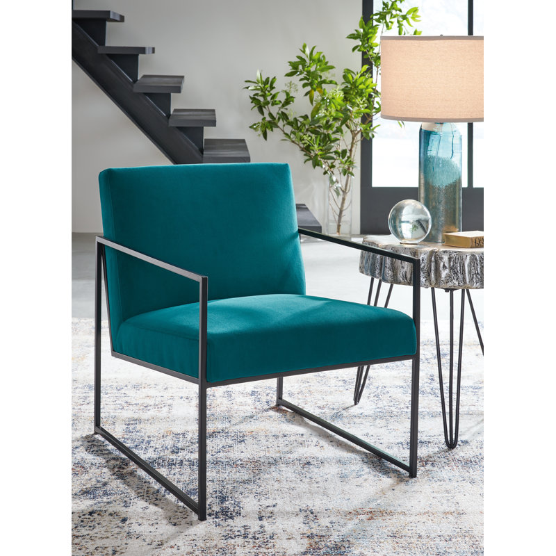 Teal Velvet and Black Metal Contemporary Accent Chair