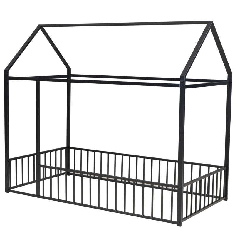 Schererville Metal House Style Floor Bed with Canopy and Guardrails, Twin, Black