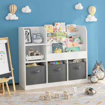 Bibliothèque et bibliothèque pour enfants, bibliothèque multifonctionnelle avec 3 tiroirs pliables en tissu, présentoir de bibliothèque