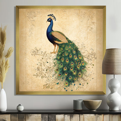 Beige Green Aristocratic Peacock Portrait - Picture Framed Wall Art