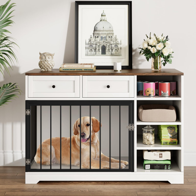 Meuble pour chien de 47 po, grande cage pour chien avec 2 tiroirs et 4 tablettes, cage pour chien robuste en bois