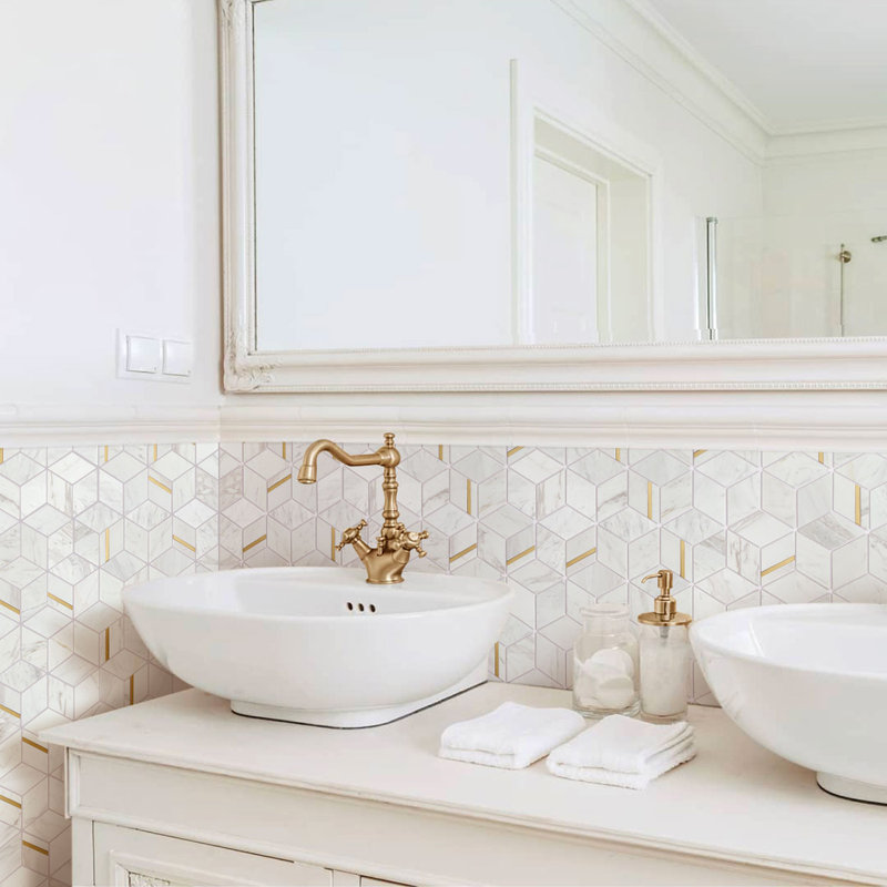 Natural Dorato Marble Mosaic Wall Tile, White/Gold