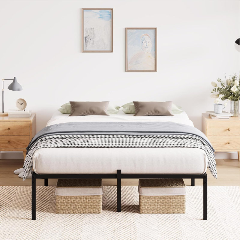 Structure de lit plateforme en métal 14 po avec rangement sous le lit, robuste, sans sommier, noir, 14", Grand lit